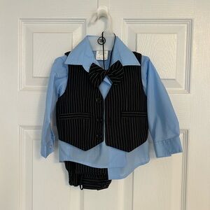 Black Pinstripe Vest, Pants and Bow Tie Set with Blue Shirt
